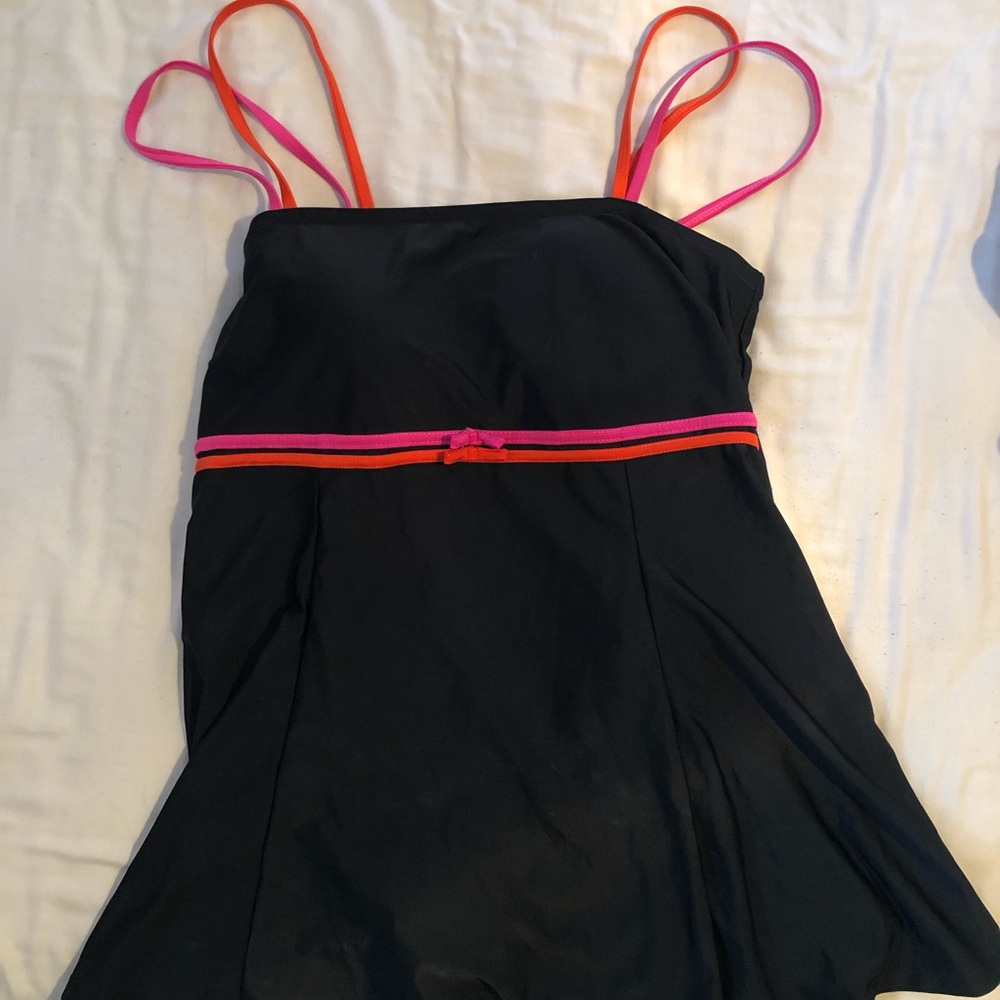 Black, Orange, and Pink One Piece Dress Swimsuit